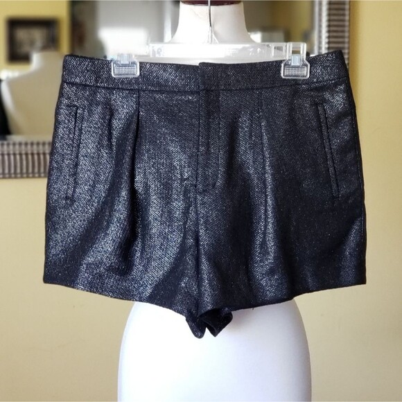 Helmut Lang Shimmer Pleated Shy Dress Shorts Black Silver Size 8 Pockets - Picture 1 of 7